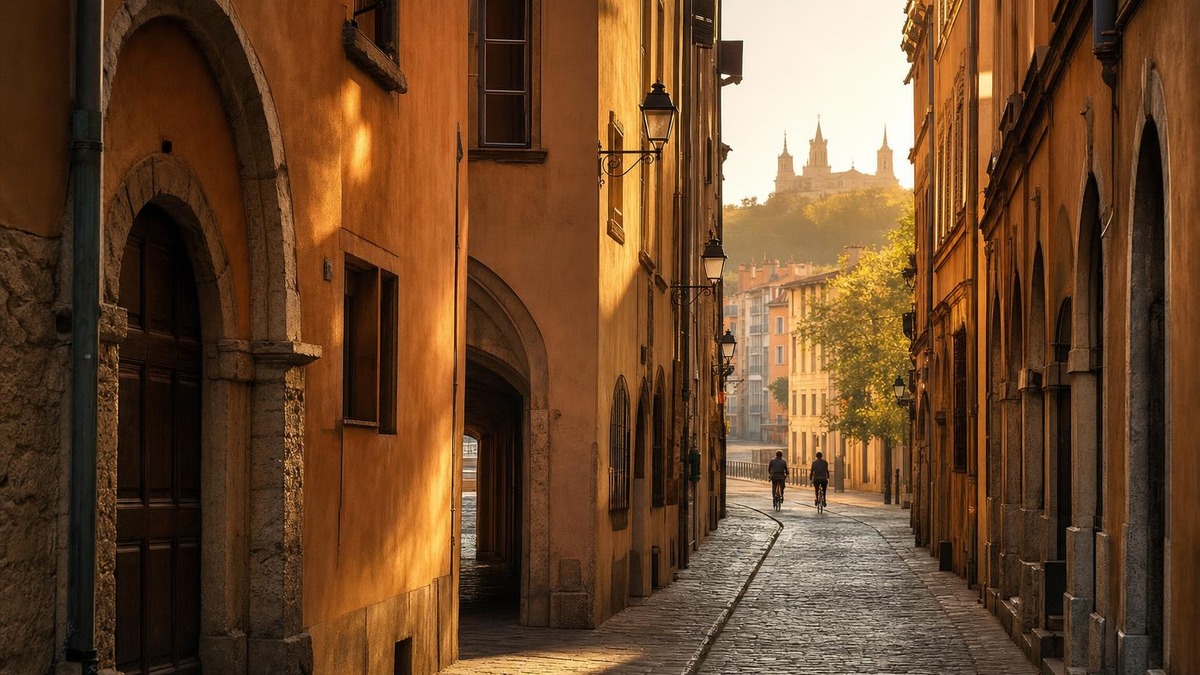 Calle adoquinada del Vieux Lyon con fachadas renacentistas iluminadas al amanecer