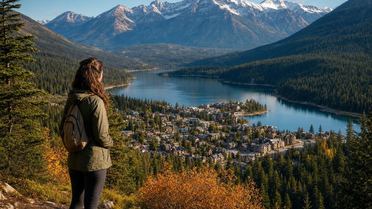 Viajera contempla un pueblo junto a un lago rodeado por las Montañas Rocosas de Canadá